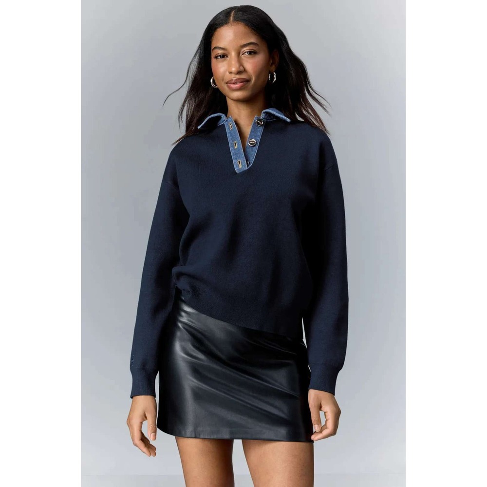 Sandro Navy Blue Knit Polo Sweater with Denim Collar Size 0 Long Sleeve